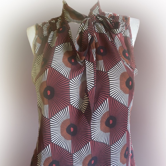 Ladies mod geometric tie neck art print sleeves blouse contempo causal - Picture 5 of 5